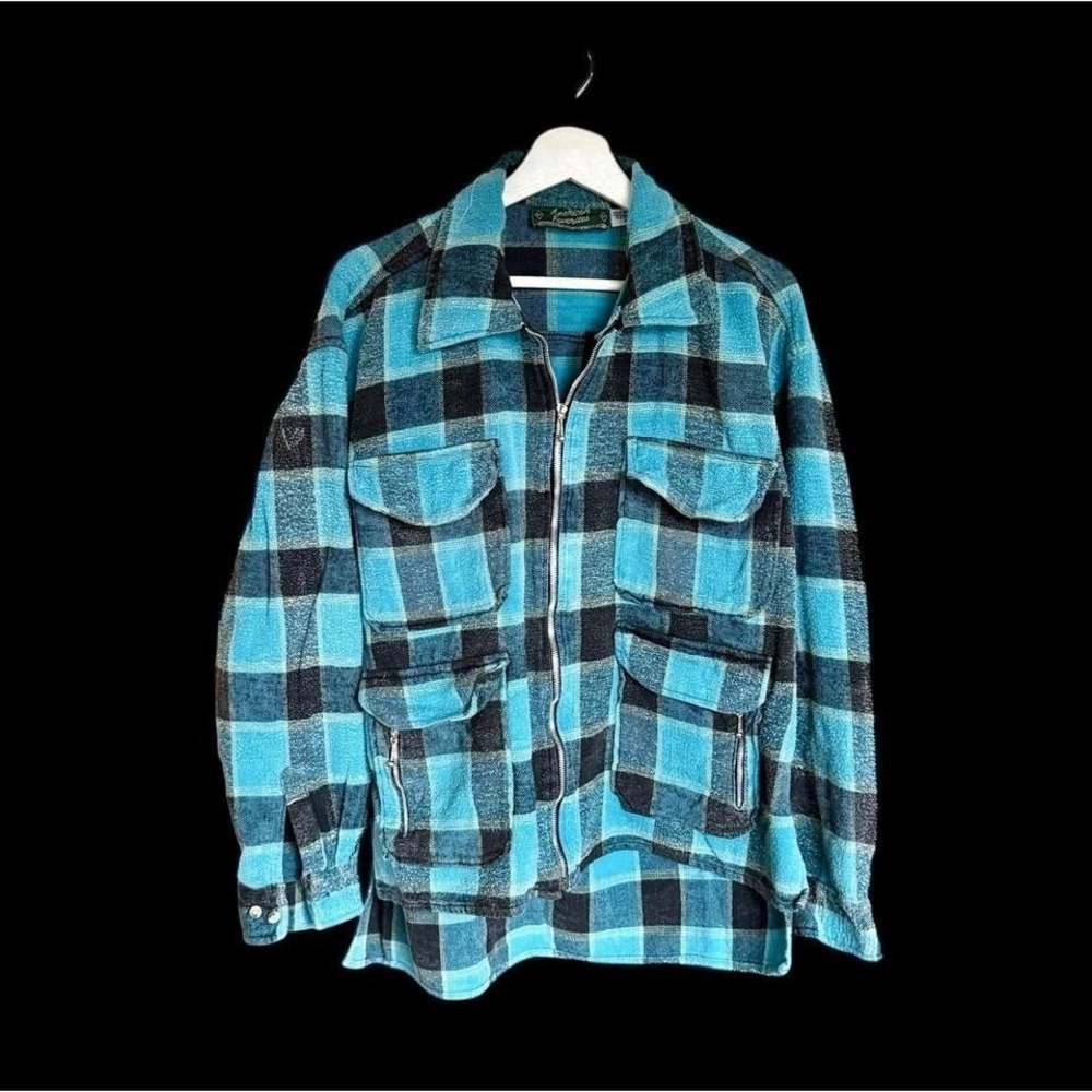 Vintage 80's American Favorites Plaid Flannel Shacket Med‎ Full Zip Chore Teal